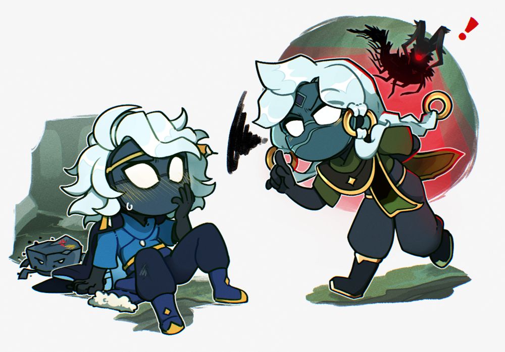 chibis of Thomales and Eruto, two sky kid OCs from Sky Children of the Light posing together in cropped backgrounds resembling the Crab Fields of the Golden Wasteland. Thomales seems to have tripped over a crab, who look annoyed at the fallen skid who is adjusting his mask with embarrassment as he looks up. Eruto is pictured to the right, scolding Thomales by wagging a "tsk tsk"ing finger at him, one hand folded behind their back as they walk towards him. Unbeknownst to both, there is a krill who has spotted the reprimanding skid.