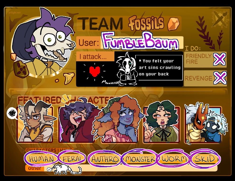 FumbleBaum's ArtFight card for 2025, representing Team Fossils. Their sona is represented as an opossum skeleton in their usual attire. Their featured character from left to right are Keeva, Isaak, Belsameth, Fortuna, Larikac, and Thomales. 