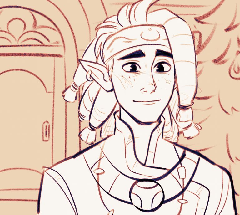 cropped still of Reth(Palia) from a WIP animatic. he looks at Isadora off camera with a small nervous smile. Behind him is her front door and a winterlights tree.