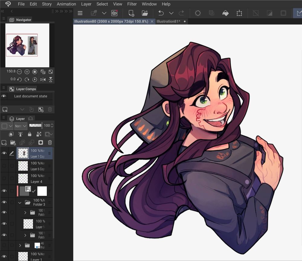 Drawing of Mokki looking up at the camera excitedly in full color