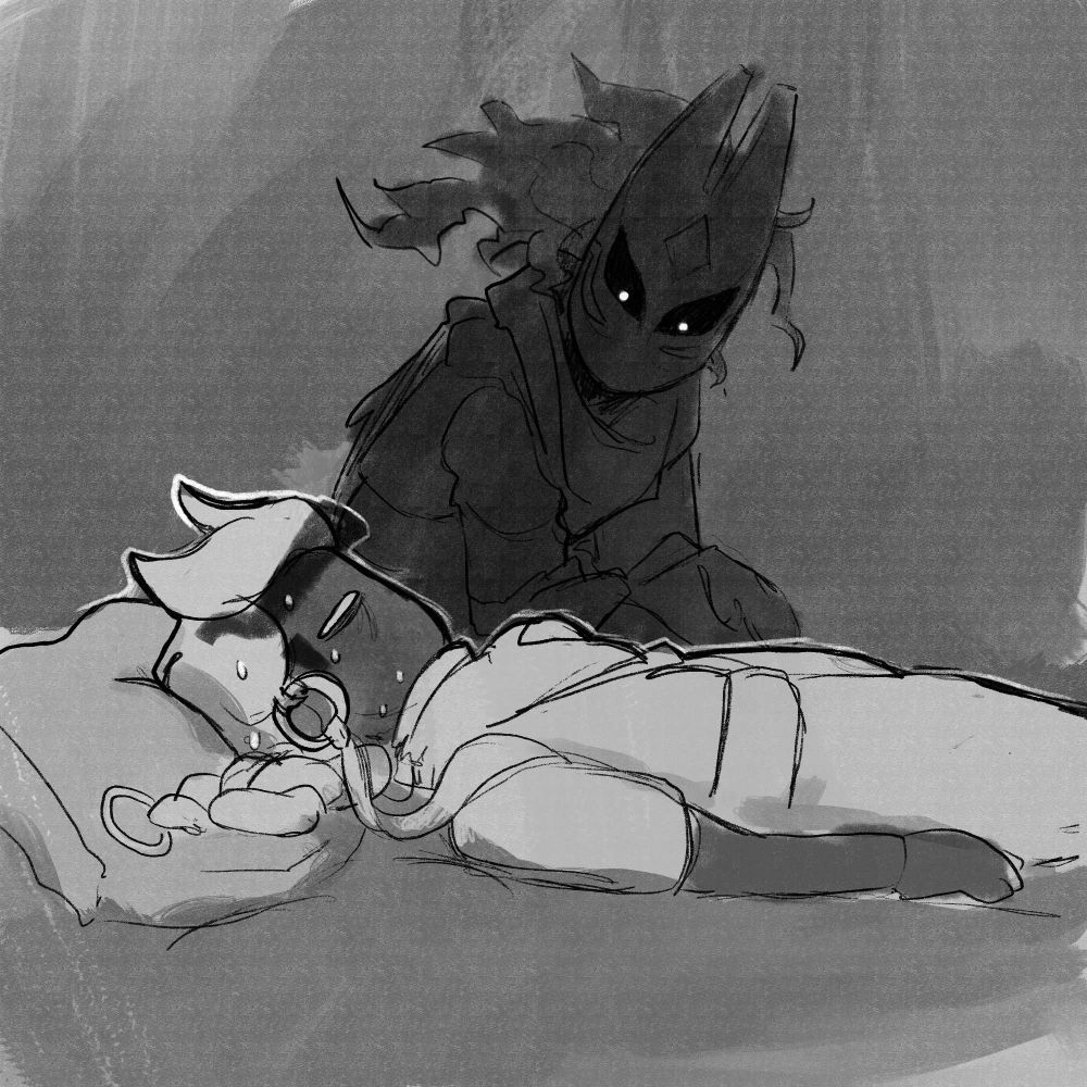 Larikac watching over Eruto's prone form, shadowed ominously. Eruto seems rather uneasy and is unable to get nack to sleep.