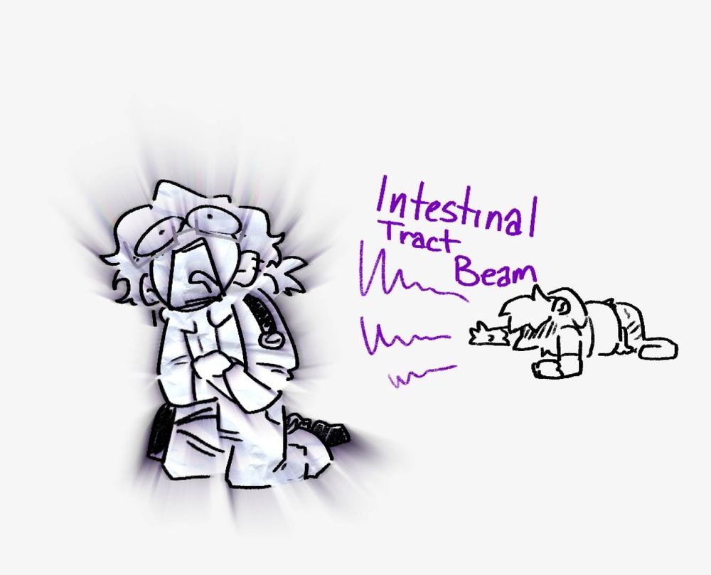 crude doodle of Keebs doubled over in pain on the ground with their hand raised towards Isaak with purple wavy lines labelled "Intestinal Tract Beam". Isaak is see to the left, on the ground by his knees clutching his stomach as he screaming in cartoonish agony