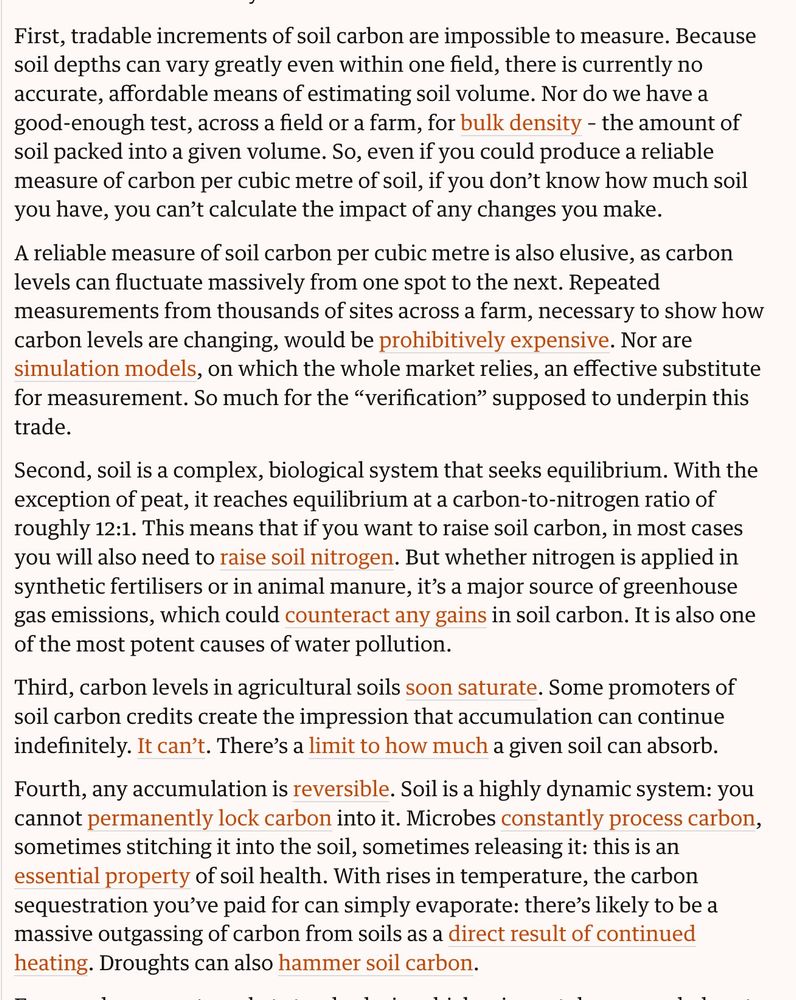 A screenshot of George Monbiot's column, outlining in four points why carbon credits for soils don't work.