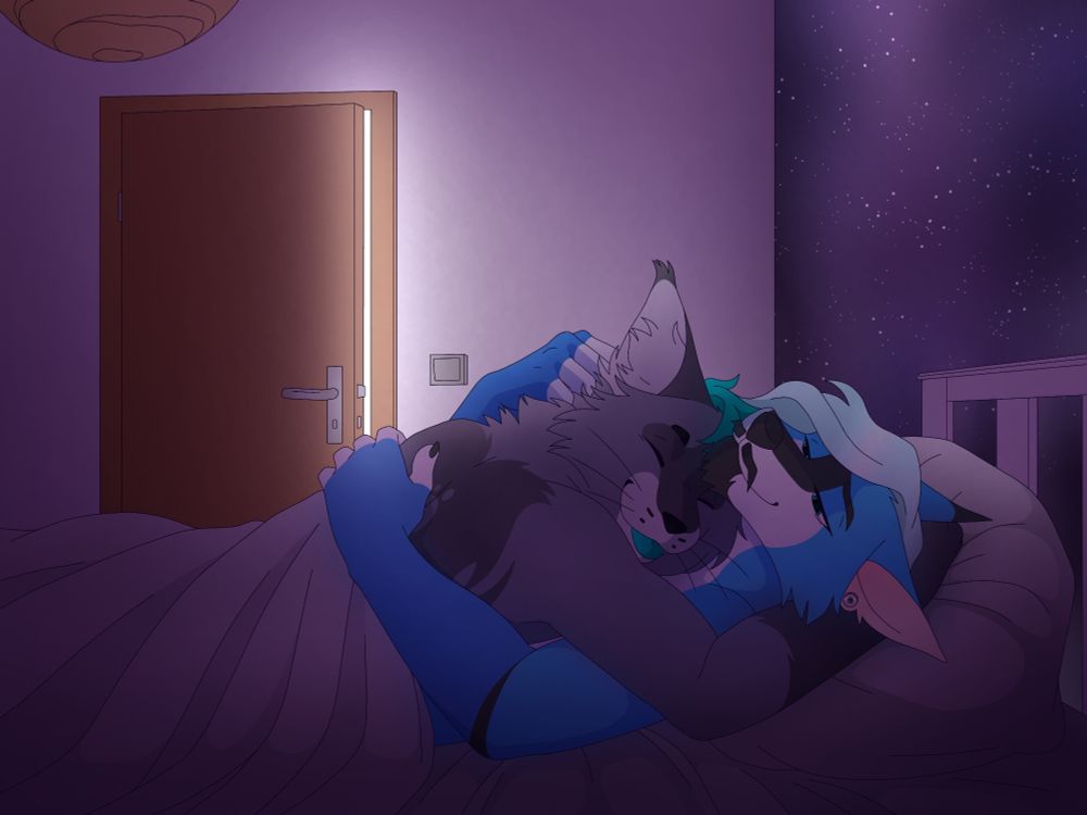 June 2024. Mao and Malphs cuddling in bed. They are very gay.