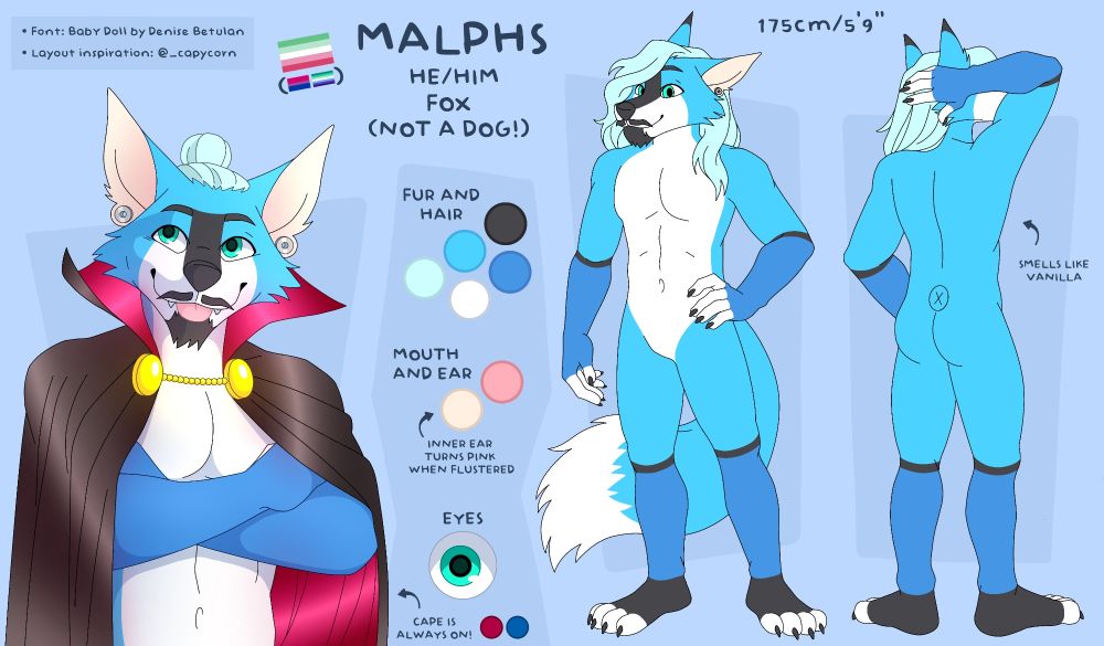 May 2024. Updated Malphs reference sheet showing front and back side, fur and eye colors and a standard pose of Malphs with arms crossed while wearing his vampire cape.