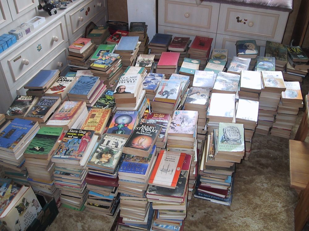 Many piles of books that have been taken off shelves and stacked on the floor. There are probably 50 or 60 piles, with at least ten books per pile. The floor is covered with them.
