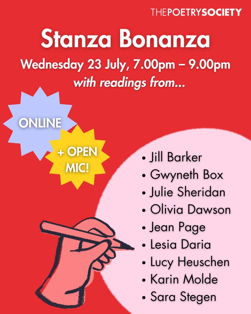 A bright red background with bright graphics and white text that reads: 'Stanza Bonanza. Wednesday 23 July, 7:00pm - 9:00pm with readings from...' In a large, light pink circle, the names are listed in black text: 'Jill Barker, Gwyneth Box, Julie Sheridan, Olivia Dawson, Jean Page, Lesia Daria, Lucy Heuschen, Karin Molde, Sara Stegen.' To the left are two small bubbles, one light blue, the other yellow, with white text that reads: 'ONLINE' in one; 'PLUS OPEN MIC' in the other.