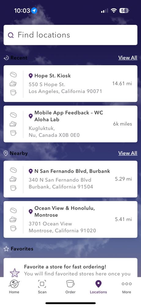 Coffee Bean locations near user. One is 6000 miles away in Nunavut, Canada