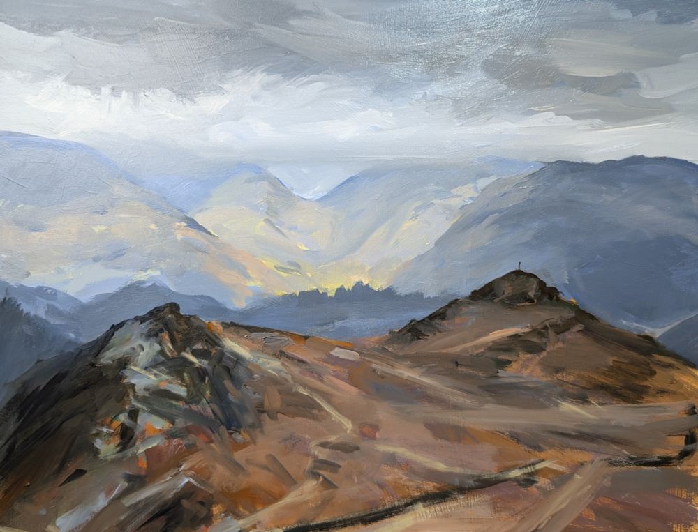 An impressionistic painting of Loughrigg, near Ambleside on a overcast grey day, but with sunlight visible in the middle distance