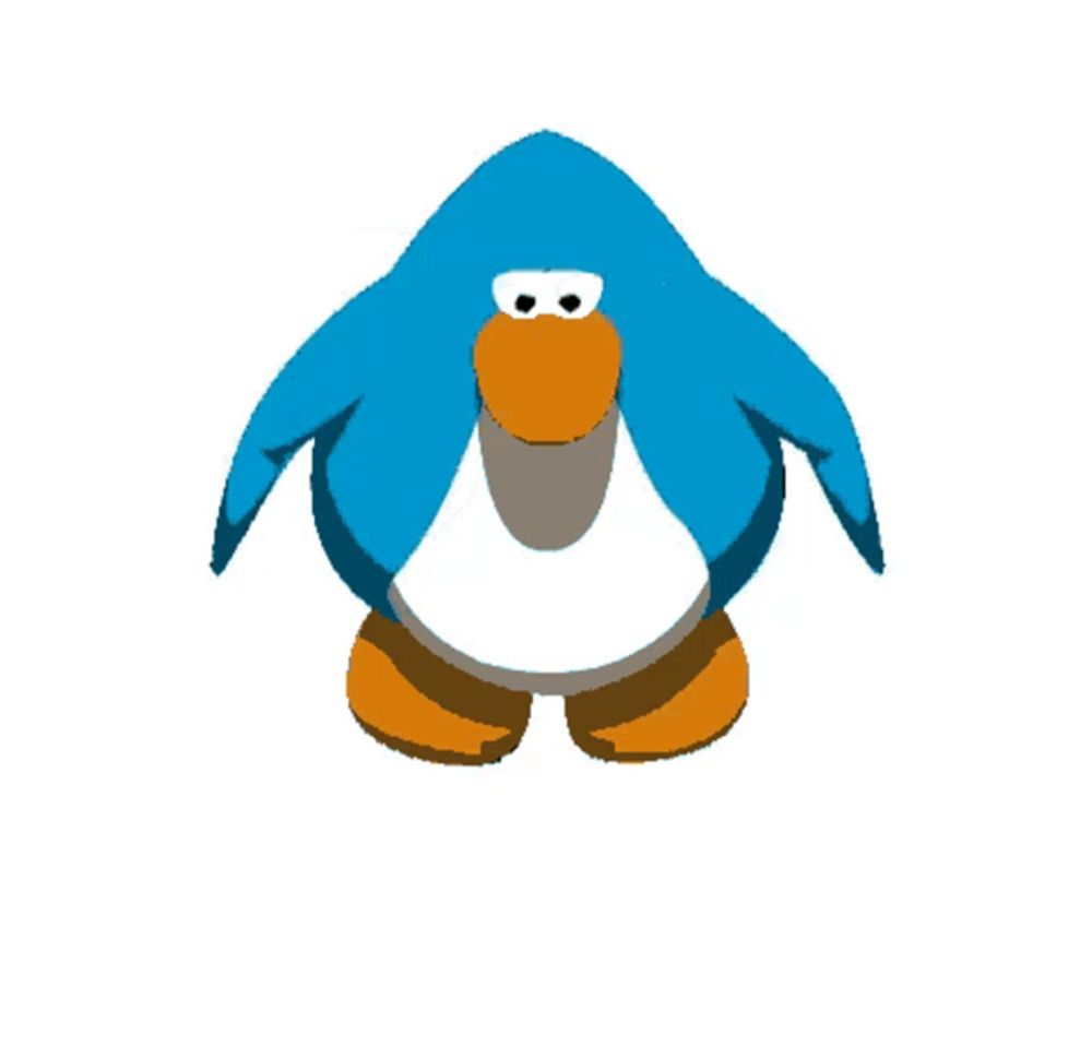 a blue and white penguin with an orange beak is standing on a white background