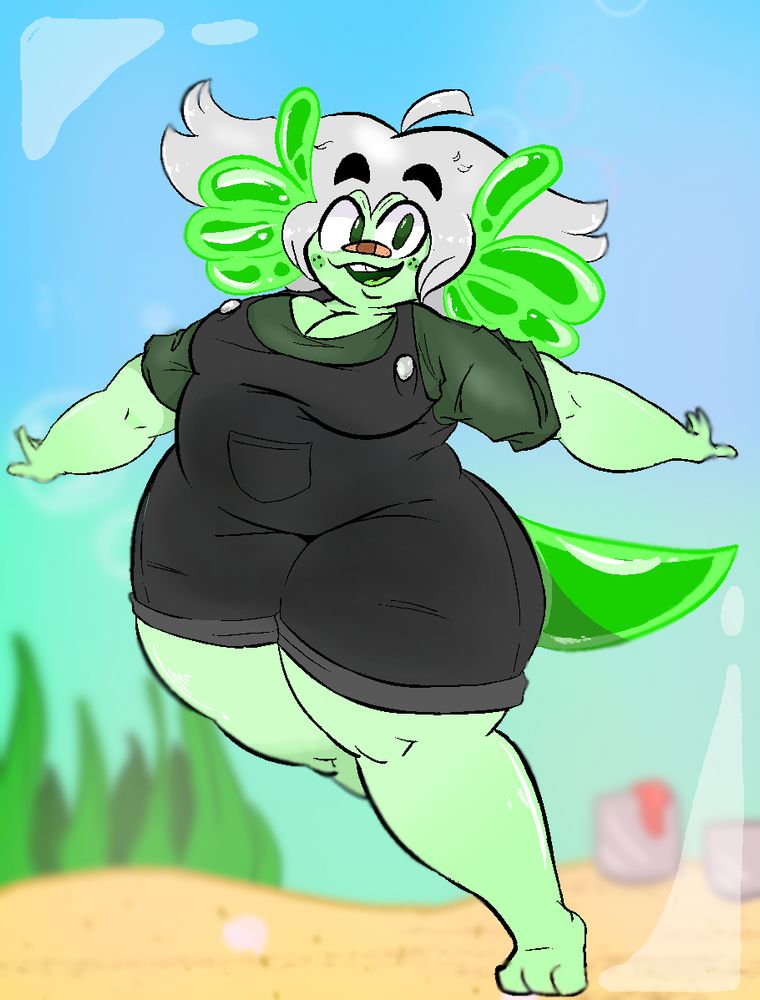 chubby Axolotl girl in overalls under the sea, with some paint buckets in the background. 