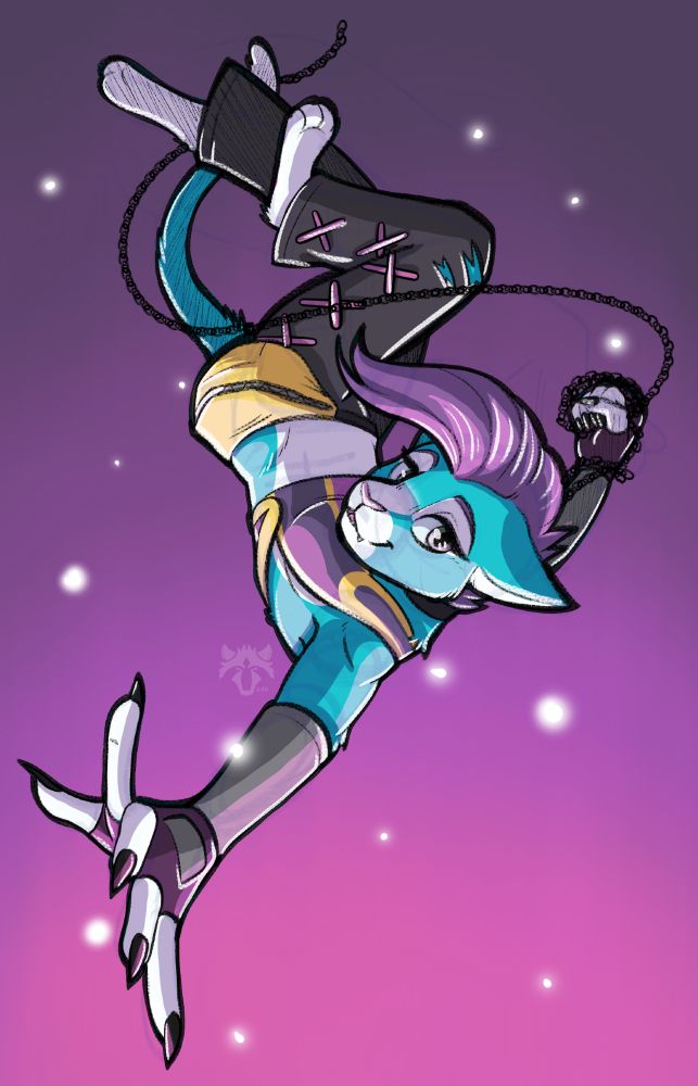 Art by @louraccoon
Teal cat in ninja esq gear leaping through the sky.