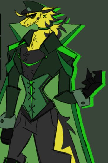 A yellow Dracozolt but only with the -Zolt parts of the design. He has a villainous themed outfit, with a long green cloak, green hat, and green dress shirt that opens to reveal his chest. He also has a green corset, and hides his hands with black gloves.