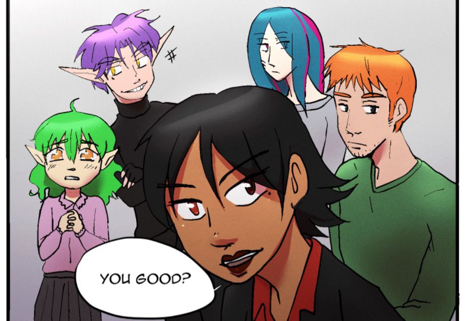 Panel from the webcomic InDel of people with multicolored hair and eyes and ear shape. One character asks another “you good?”