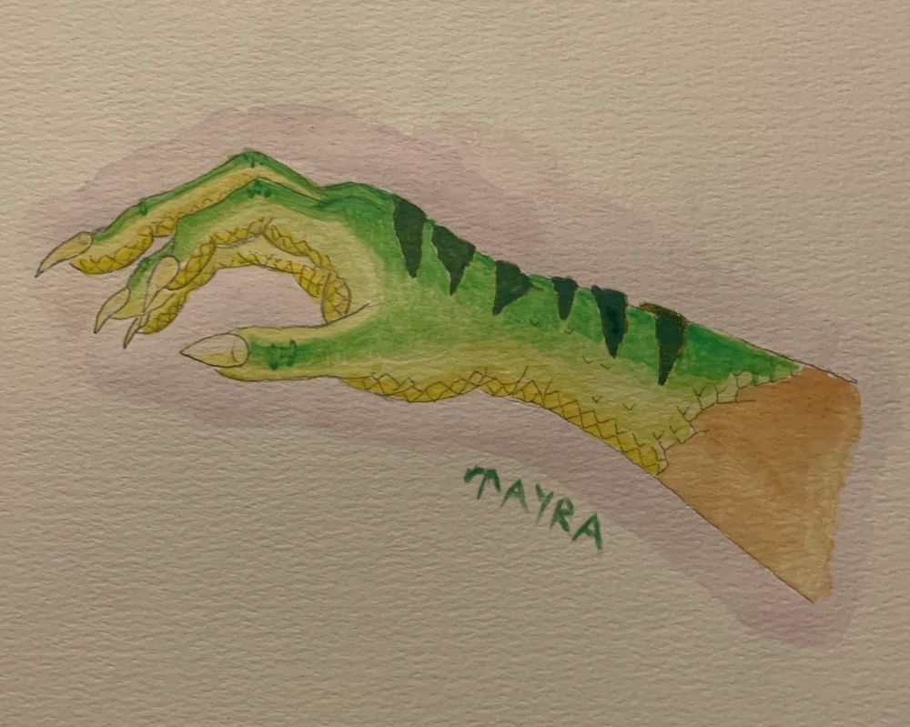 A painting of a hand and wrist of someone turning into a raptor. Most of the scales have covered the hand and there’s a bit of human skin still left on the wrist. 