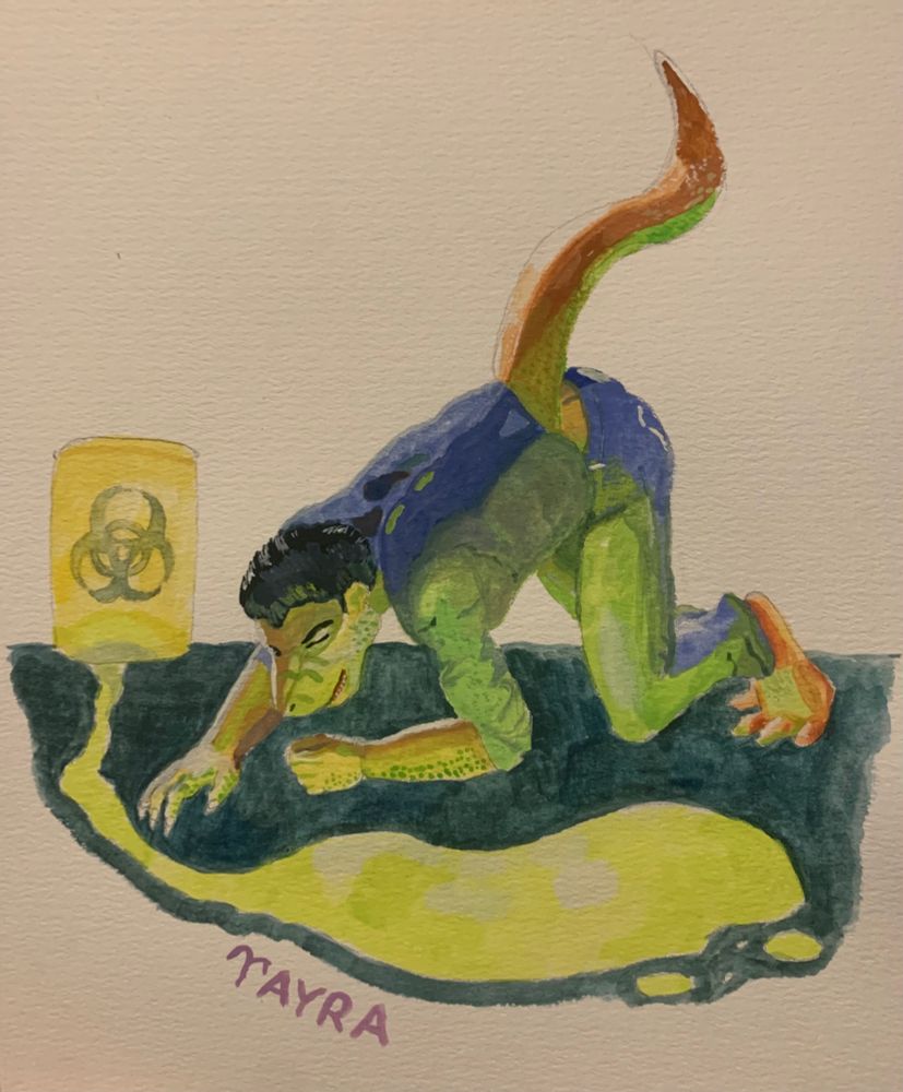 A barrel of toxic waste has spilled on the floor. Nearby a man is on all fours, transforming into a T-Rex. The glow from the spill covers his body. His mouth has changed into a muzzle, his hands are turning into claws, his feet are extending, and a tail is growing from his back into the sky. 
