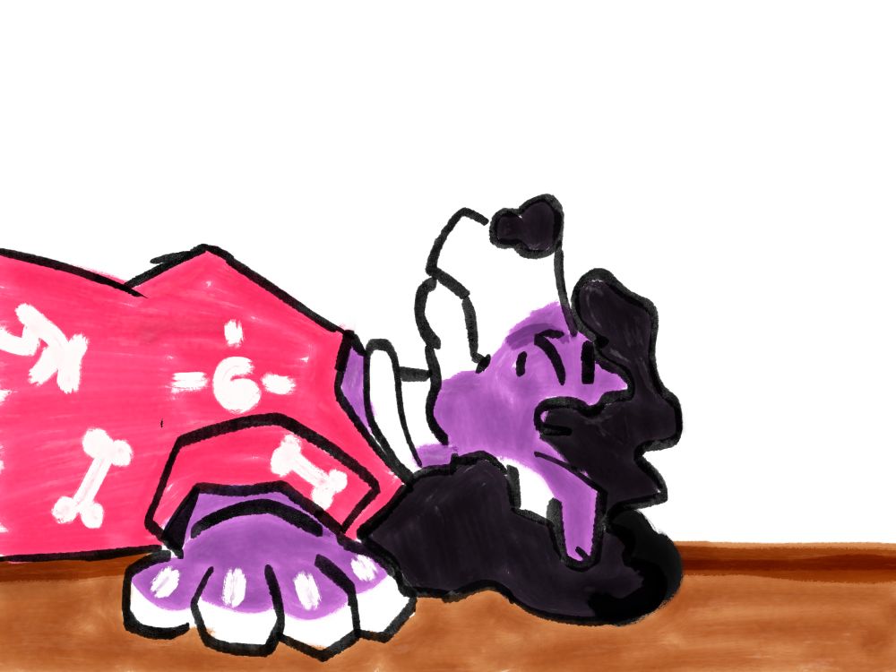 A white and purple border collie fursona. Laying on the ground with arms splayed out and eyes closed. Wearing a pink shirt