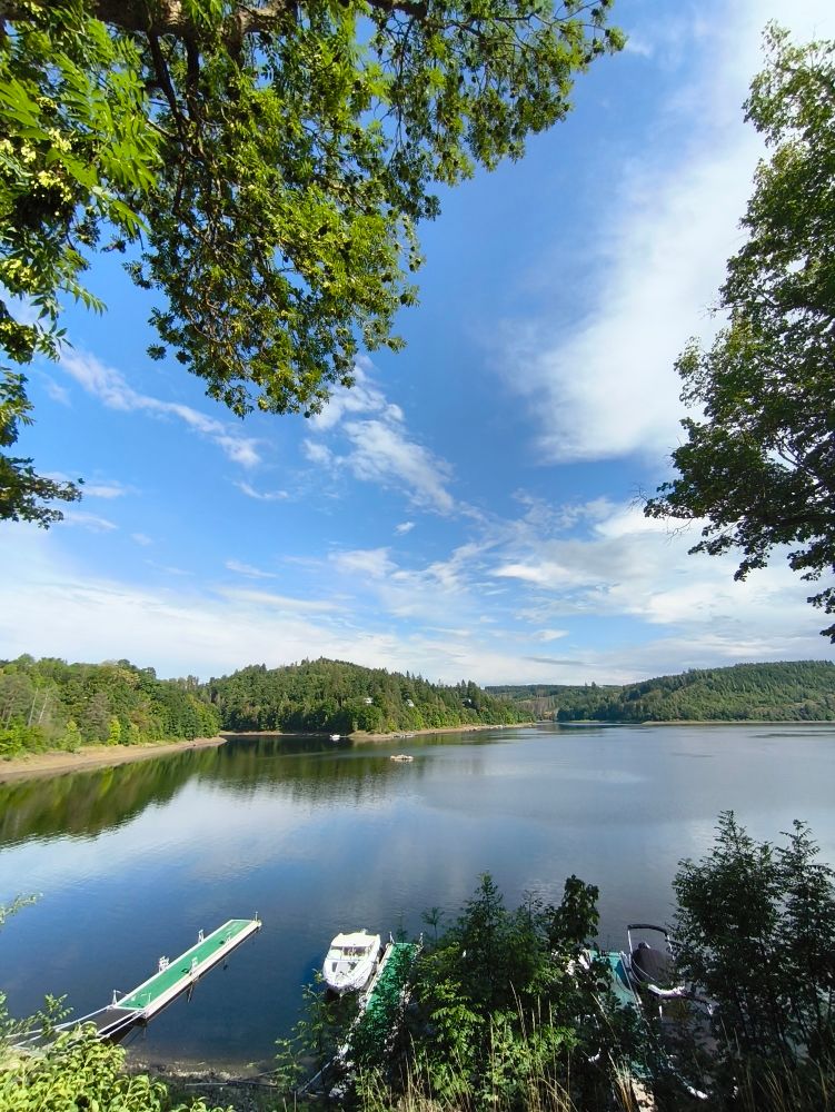 Ein bisschen Wasser aus einem Stausee, im Vordergrund ein paar Stege und Bäume und im Hintergrund noch mehr Bäume 