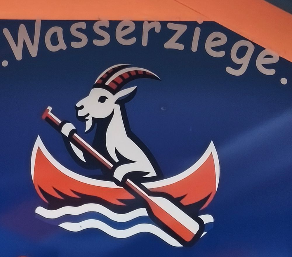 Eine gezeichnete Ziege paddelt im Kanu, darüber Schriftzug "Wasserziege"