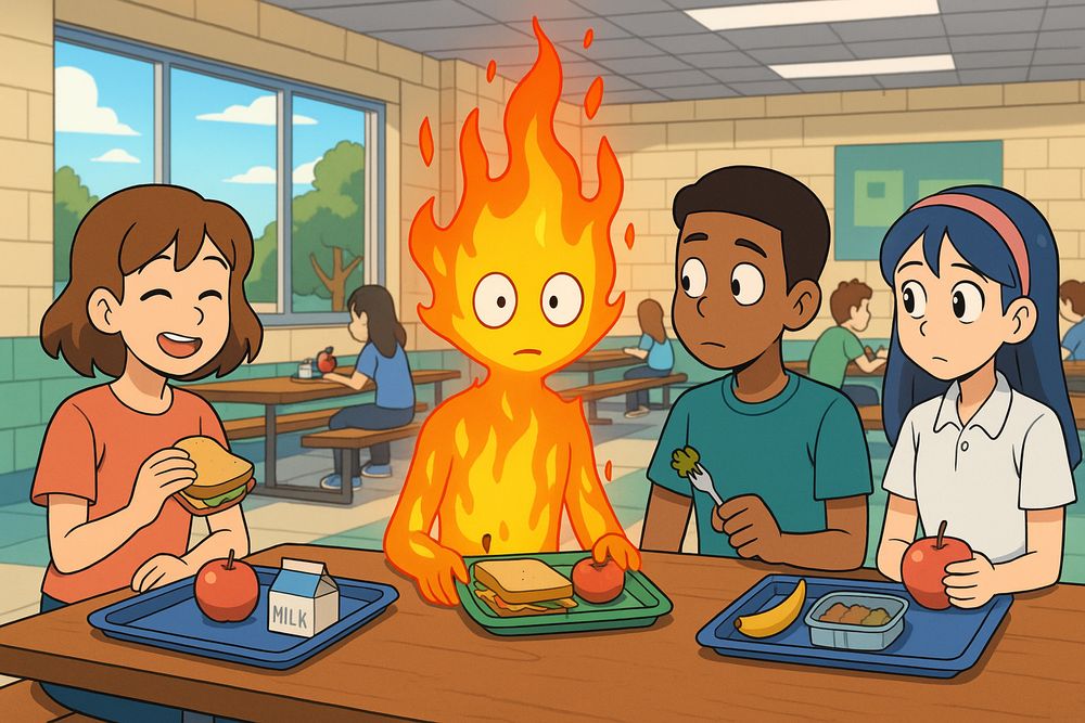 One fire elemental, three concerned classmates, and a cafeteria that wasn’t flameproofed. He’s not trying to cause trouble—he’s just hungry like everyone else. Sometimes magic shows up where you least expect it: lunchtime.

Fantasy and reality collide in this week’s theme: “Misplaced Magic”—enchanted elements in unfamiliar places. This week’s theme invites you to misplace spells, creatures, and magical moments into unexpected settings. Join the challenge and make the mundane magical.