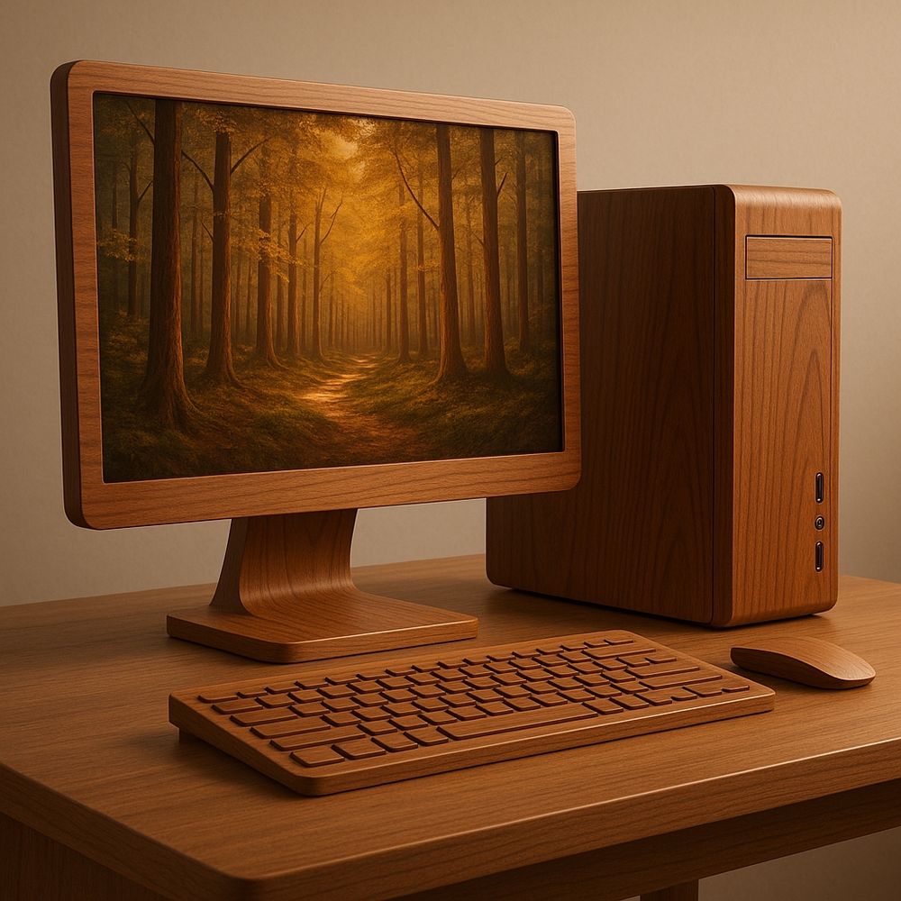 A modern computer made of stylish, polished wood. The wooden computer includes a sleek wooden monitor, keyboard, and CPU tower, all crafted with fine grain and elegant design. On the screen is a display of a forest. The setup is placed on a minimalist wooden desk, with soft ambient lighting highlighting the craftsmanship. The computer retains modern functionality, including USB ports and a flat LED screen, seamlessly integrated into the wooden material. The scene gives a warm, cozy, and sophisticated feel, blending high-tech with natural aesthetics.

