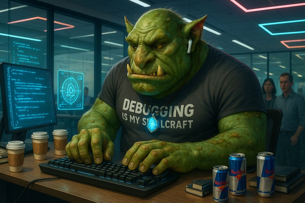 He once crushed enemies—now he crushes bugs. This orc brings his enchanted focus to a glowing monitor, spellcasting through keystrokes. Magic meets modernity in this workplace remix.

Fantasy and reality collide in this week’s theme: “Misplaced Magic”—enchanted elements in unfamiliar places. This week’s theme invites you to misplace spells, creatures, and magical moments into unexpected settings. Join the challenge and make the mundane magical.