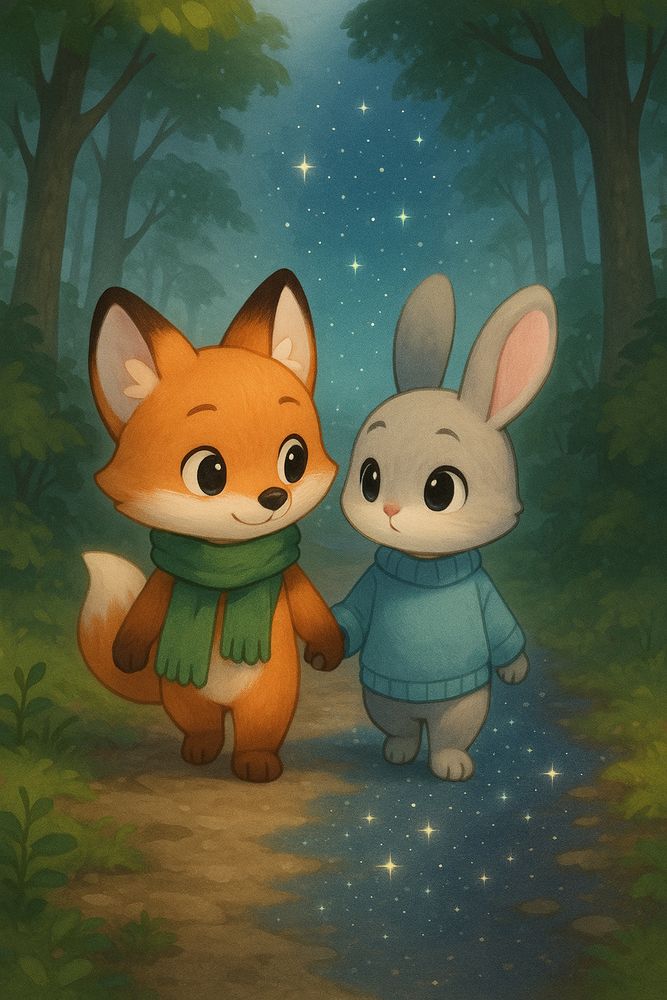 Prompt: A heartwarming scene featuring an anthropomorphic fox and bunny walking side by side on a forest path. The fox has a warm orange fur and wears a cozy green scarf, while the bunny has soft grey fur and wears a light blue sweater. They are walking through a trail that transitions subtly from muddy ground into a starry, magical path ahead. The atmosphere shifts from overcast to a softly glowing, star-filled sky. The forest around them is serene, with tall trees and dappled light. Their body language shows deep friendship—no words, just shared presence.



In a cinematic yet heartwarmingly cute illustration style that fuses expressive Western cartoon sensibilities, modern fantasy polish, and chibi-inspired charm. Characters feature rounded, soft facial proportions with oversized, luminous eyes, tiny noses, and simplified yet emotionally rich expressions. Heads are slightly larger in proportion to the body, evoking a youthful, endearing appeal without exaggerated distortion.
Linework is smooth, clean, and subtly varied in thickness—gentle enough to emphasize cuteness while retaining visual clarity. Shading combines soft cel tones with airbrushed gradients, ambient glows, and occasional rim light highlights to bring emotional volume to skin, plush fabrics, and delicate accessories.
Lighting is ambient and softly cinematic, glowing organically across characters and setting. Colors are rich yet tender—harmonious palettes of creamy pastels, forest greens, soft oranges, and turquoise accents evoke a dreamy, storybook atmosphere. Backgrounds are minimal and lightly textured, with soft focus and whimsical props to support character-driven scenes.
The overall tone is cozy, enchanting, and emotionally expressive—perfect for heartfelt fantasy, slice-of-life magic, or playful character portraits with a magical chibi twist.