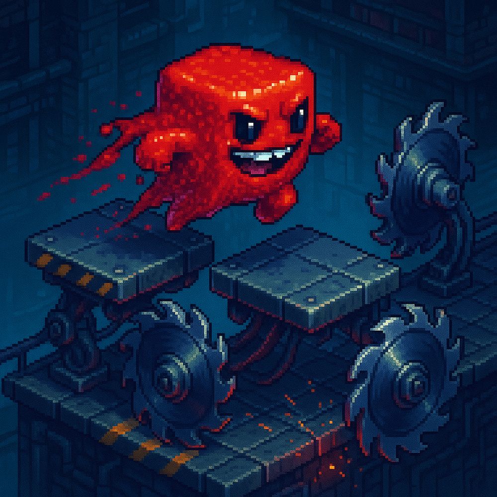 Game: Super Meat Boy
Prompt: 
Square 1024×1024 **HD pixel art (isometric diorama)** of **Super Meat Boy** mid-jump between two offset metal platforms. **Orthographic isometric 3/4 camera**, miniature diorama vibe, clean sub-pixel shading (2–4 tone ramps per material), crisp 1-px edges, minimal AA on diagonals, **no dithering**.

**Meat Boy:** glossy, gooey red cube with wet highlights and subtle subsurface pooling at edges; tiny trailing **goo flecks** (non-gory). Stretched leap pose with light **sprite smear pixels** on limbs, soft contact shadow under him.

**Threat level up:** **three oversized circular saws** on articulated arms sweeping beneath the gap; aggressive tooth shapes; the nearest saw slightly breaks the foreground plane. Show spin with **radial smear arcs/ghost frames**, steel speculars, cyan/white rim lights, and **tiny pixel sparks** where teeth graze metal (keep embers subtle).

**Environment:** industrial platforms with bolts and **muted amber/black hazard stripes**, pipes and cables, parallax catwalks fading into depth. **Cool blue–teal fog gradient** for atmospheric perspective; occasional **cyan emissive beacons**.

**Lighting & color:** cinematic yet balanced; **neutral white balance**, cool key + rim light with gentle magenta bounce; **avoid heavy yellow/orange**; not too dark, no oversaturation.

**Style guards:** high-quality sprite aesthetic, polished digital pixels, clean silhouettes, elegant shapes; **no grain, no painterly texture, no photo-bash, no text, no logos, no watermark.**

