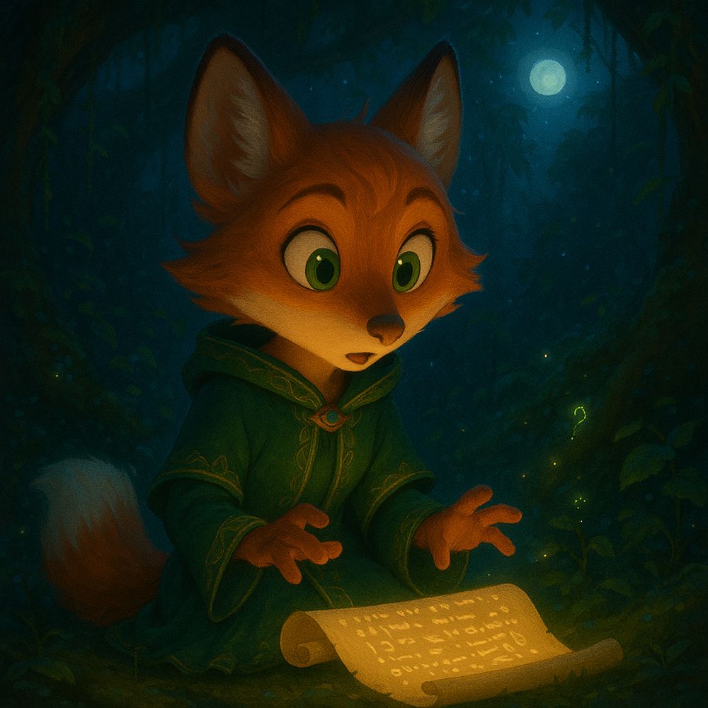 Prompt:
A curious female anthropomorphic fox with bright orange fur and large green eyes kneels in a glowing moonlit forest, illuminated by bioluminescent plants and swirling magical particles. She wears an enchanted green robe with gold-trimmed embroidery, its hood down to reveal her expressive face. Her bushy tail rests behind her as she gazes in awe at a glowing scroll floating before her, inscribed with ancient runes that shimmer in warm golden light. The enchanted glade is lush and overgrown, with vines and moss-covered roots framing the scene. Moonlight filters gently through the trees, casting soft beams and adding to the cinematic, whimsical fantasy atmosphere. The art style blends Pixar and DreamWorks-inspired stylized character design with Ghibli-like forest magic and dreamy lighting. The mood is magical, serene, and filled with a sense of discovery.