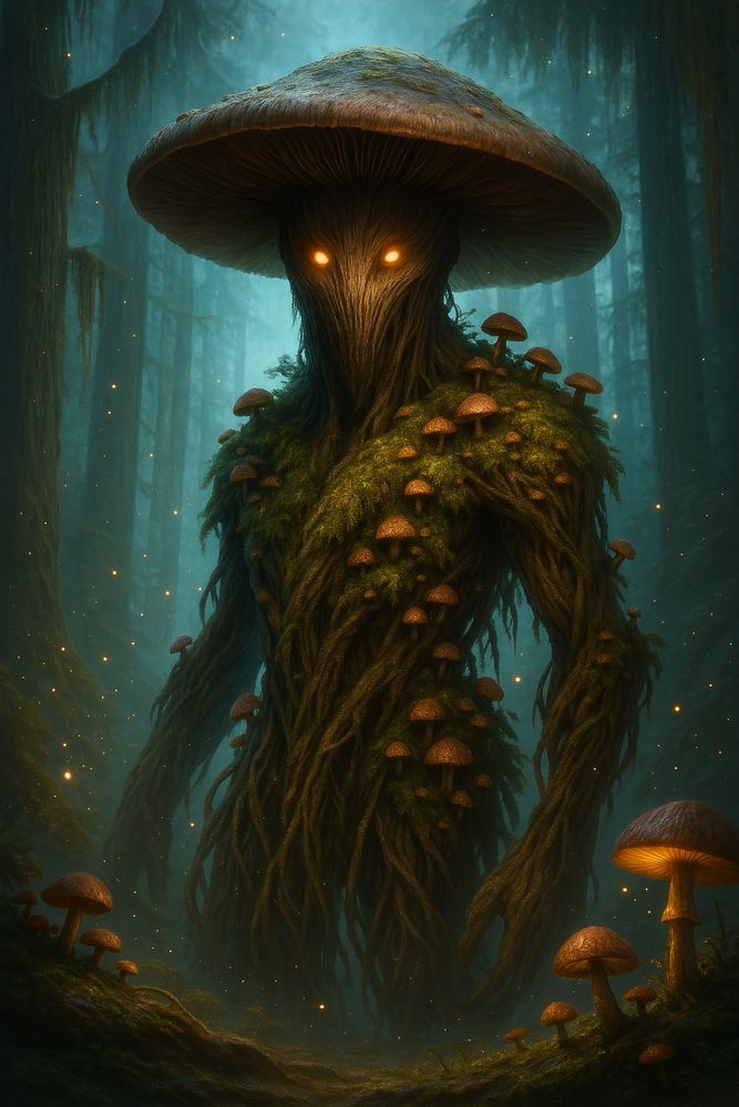 A towering humanoid forest creature made of twisted roots, moss, and bark, with a giant mushroom cap for a head, glowing amber eyes, and smaller mushrooms sprouting across its body. The creature stands in an enchanted, misty forest filled with glowing spores and ambient magical light. Tall trees with hanging moss surround it, and the atmosphere is mysterious, bioluminescent, and slightly eerie. Cinematic lighting, ultra-detailed textures, fantasy style, 4K resolution.