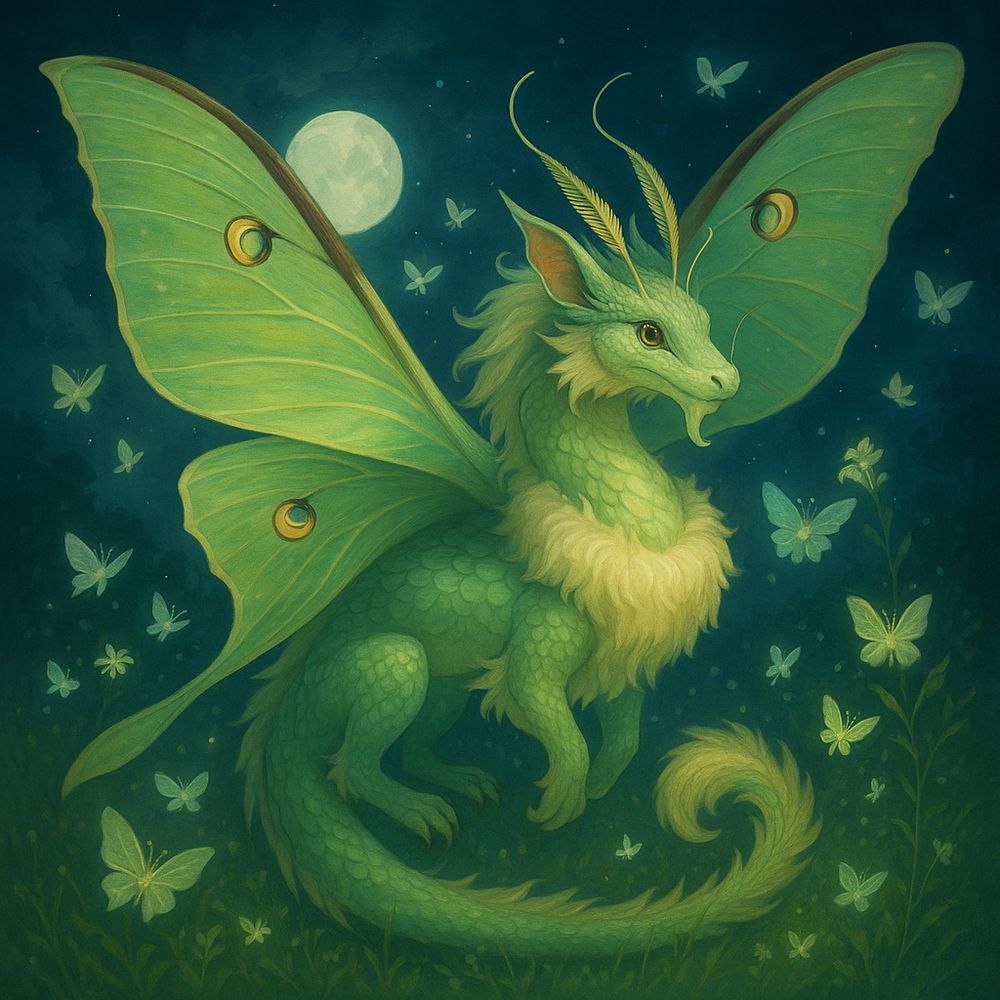 Prompt from 11 year old: A lunar moth dragon
Has wings of a moth
And scales of a dragon that are the color of a lunar moth 
In a meadow wire lots of other smaller butterflies and a queen of moths 

Moth at night butterfly in the morning. 
Furry dragon head 
Fur cufflinks
Fur on tail 

But equally furry and scales
More antenna than horns 
