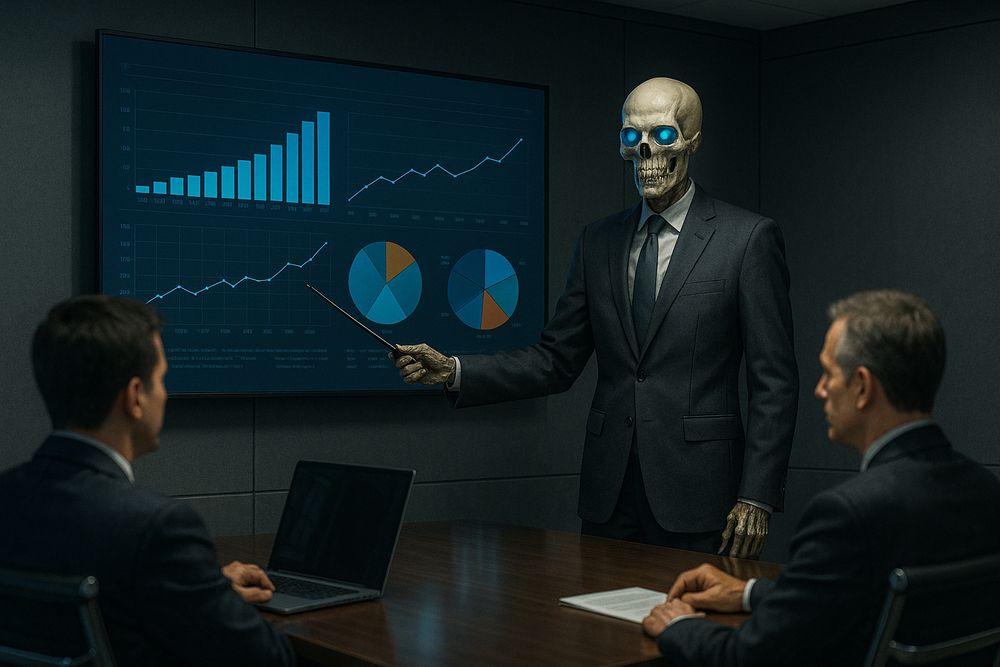 The dark arts have gone corporate. Why raise armies when you can raise quarterly profits? This skeletal executive’s graphs climb higher than any summoned undead. A powerful twist on fantasy gone professional.

Fantasy and reality collide in this week’s theme: “Misplaced Magic”—enchanted elements in unfamiliar places. This week’s theme invites you to misplace spells, creatures, and magical moments into unexpected settings. Join the challenge and make the mundane magical.
