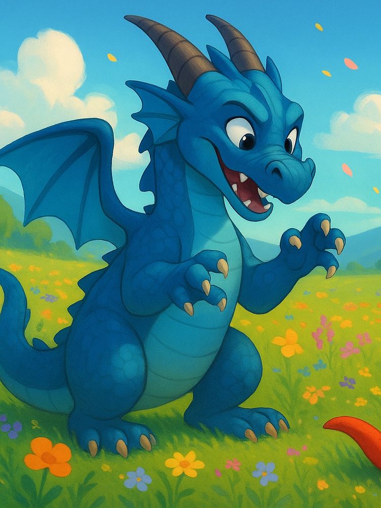 Prompt: A vibrant, whimsical digital illustration in a semi-realistic and cute cartoon style, inspired by a blend of Disney, Pixar, DreamWorks, and 10% anime influence. The scene takes place in a sunlit daytime meadow filled with colorful wildflowers and backed by softly rolling mountains and fluffy white clouds in a bright blue sky.

The image features two Western-style dragons:

On the left, a larger blue dragon with a bold, protective presence and playful energy. It stands upright on back two legs, slightly hunched forward with claws extended in a playful "rawr" gesture. Its eyes are expressive and mischievous, looking directly at the smaller dragon with warmth and amusement.
On the right, a smaller red dragon lies on its back in the grass, legs lifted in the air, gazing up at the blue dragon with wide, adoring eyes. Its posture is submissive but playful, with soft curves and a joyful expression that emphasizes innocence and trust.

The lighting is soft and natural, enhancing the warm and cheerful atmosphere. Floating petals and a few butterflies add a sense of magic and motion. The texture is smooth and clean, with soft gradients and polished surfaces—no grain or painterly texture.

Style Notes:

Cinematic ambient light with subtle glows
Vivid but harmonious color palette
Soft, digital textures (no paint strokes or grain)
Emphasis on expressive eyes and body language
Balanced composition with each dragon taking one half of the image
Joyful, enchanted meadow setting with storybook warmth

landscape layout 1792x1024