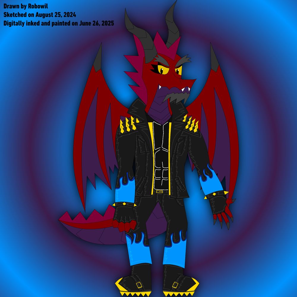 Digital art of a red/purple dragon with gunmetal horns/spikes/talons, and dark grey eyebrows/facial hair. He has some eye makeup applied, and is wearing a black latex tanktop, a black leather jacket and pants (both of which have blue fire designs), the jacket having several golden spikes, two leather spiked wristbands, and black leather boots with golden metal fronts and spikes.