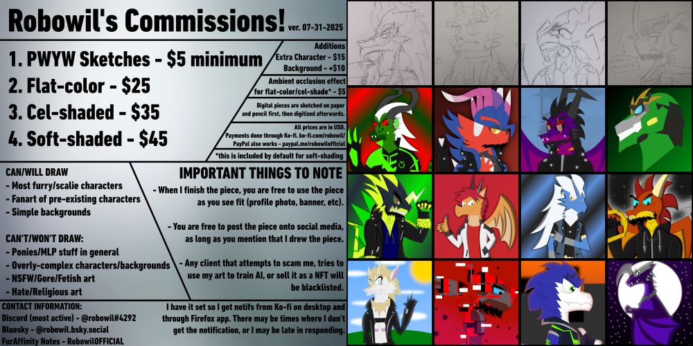 A commissions sheet which features various different art pieces ranging from sketches to digital pieces.