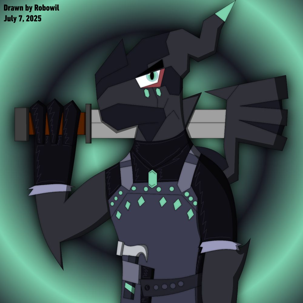 Digital art of a shiny Zekrom in a blacksmith's outfit. They are holding a sword they forged over their shoulder.