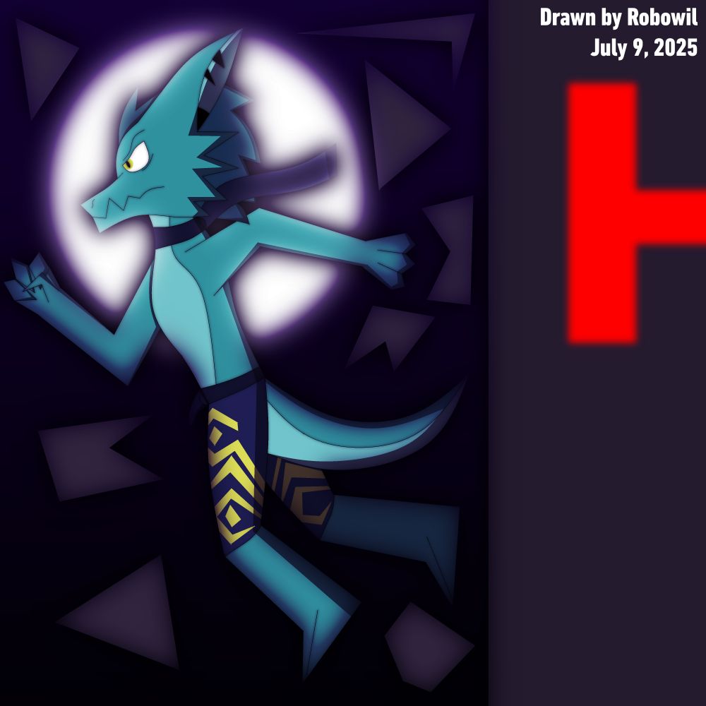 Digital art of a Kerorai (a lizard character) jumping out of a building, with a look of determination on his face. There are glass shards surrounding him, yet he does not seem to be affected by it.