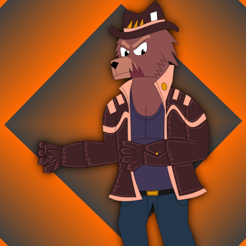 Digital art of a bear mercenary, with a brown hat, brown leather jacket with fur, brown leather gauntlet gloves, a dark blue shirt and blue jeans