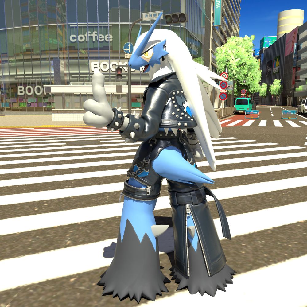 A 3D render of a blue Blaziken in a leather punk outfit, giving a thumbs up to the viewer. They are standing in the center of the Shibuya Scramble Crossing.