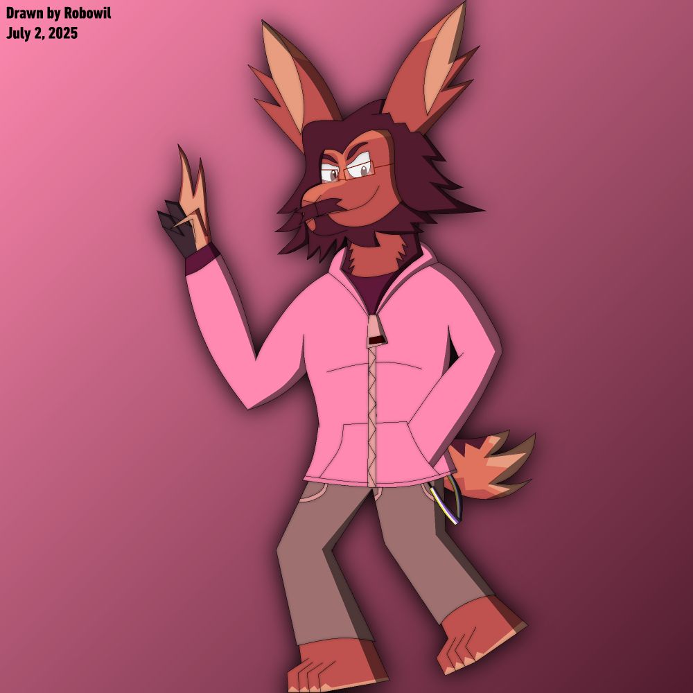 Digital art of a hare in a pink hoodie, and sweatpants with a nonbinary lanyard attached to it