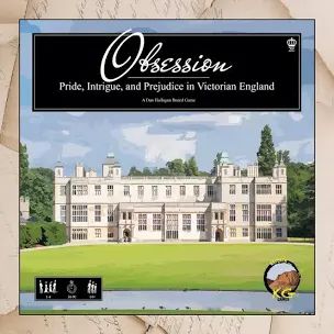 Front cover of the box for the board game Obsession, showing a white stately home in green surrounds. 
