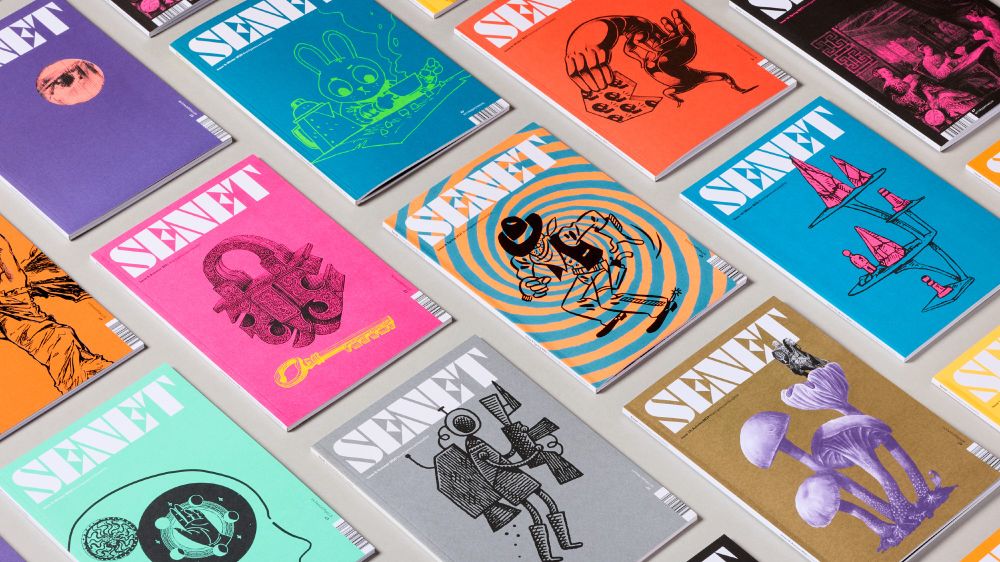 Multicoloured magazine covers arranged in lines and columns