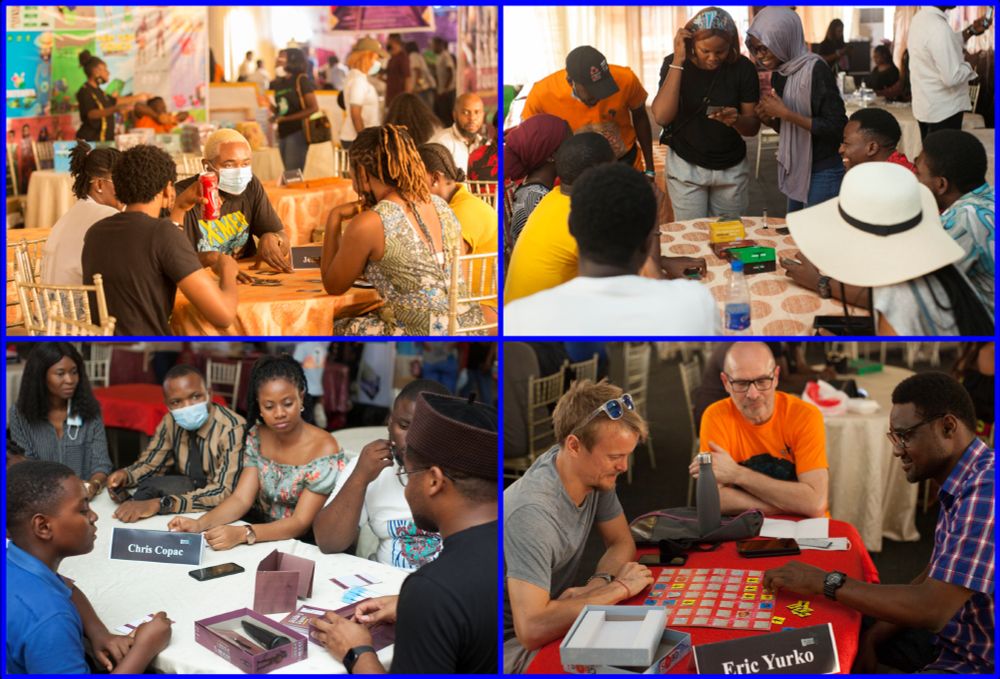Four pictures of people sitting around tables playing board games.