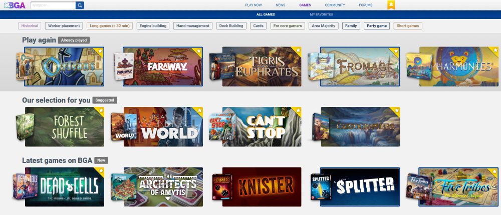 The game selection page from online board game platform BoardGameArena. Titles are arranged as rectangles in a grid five games across and three down, with part of each game's box cover visible in their rectangle. Games shown are Orleans, Faraway, Tigris and Euphrates, Fromage, Harmonies, Forest Shuffle, It's A Wonderful World, Can't Stop, Cartographers, Dead Cells, Architects of Amytis, Knister, Splitter and Five Tribes.