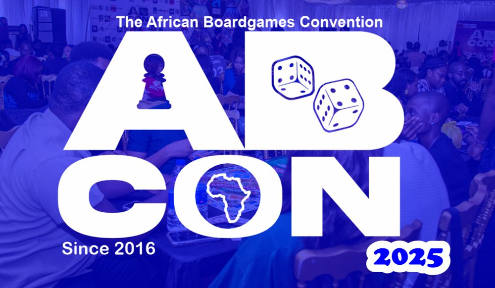 The letters AB CON, large and in white, on a blue background. A chess pawn is inside the A, two dice inside the B, and an outline map of Africa inside the O. Faded in the background are people playing board games.