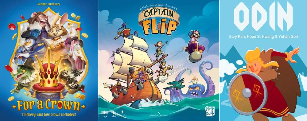 Game box covers for For a Crown, Captain Flip and Odin. On the left, anthropomorphic cartoon animals surround a crown, in the centre cartoon pirates joke around on a ship next to an octopus, and to the right a block colour, stylised viking holds up a yellow and red shield on a blue, ice and mountain background.