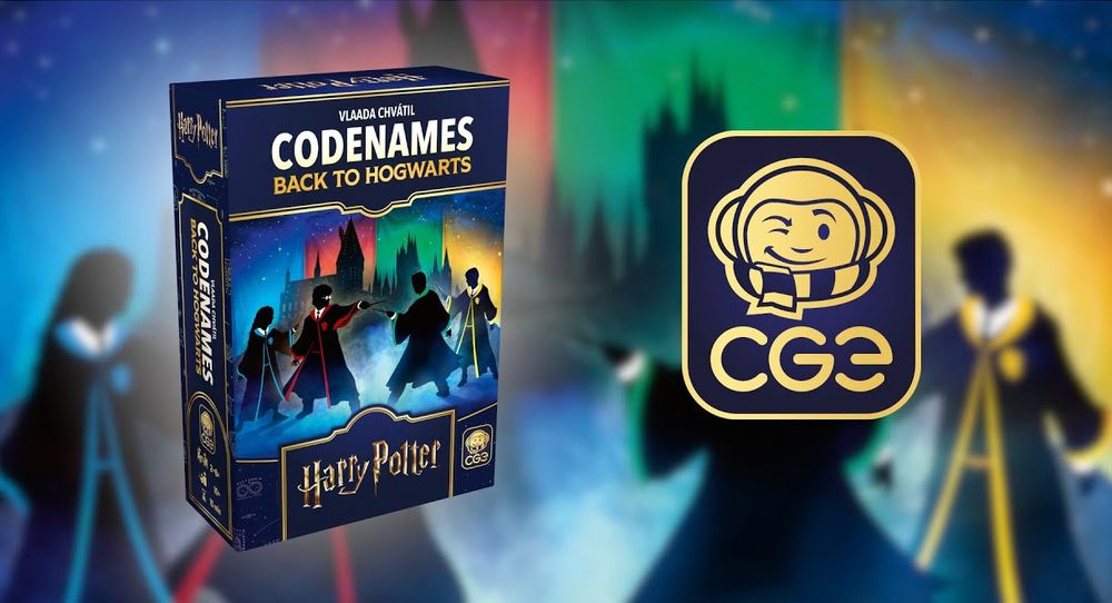 A blue box to the left with four sillhouette-style humans, each notably wearing wizard-like robes from the Harry Potter universe. The box says Codenames and Back to Hogwarts on it, with Harry Potter in golden letters at the bottom. To the right, a cartoon astronaut head in a Harry Potter scarf winks, a variation of the logo of board game publisher Czech Games Edition.
