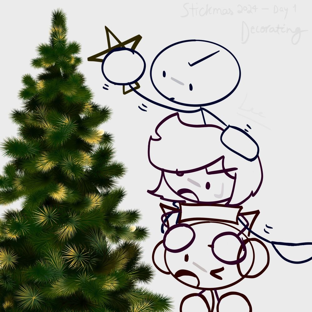 [IMAGE ID: Triple Threat are balancing on top of each other in an attempt to put the star on top of their tall ass Christmas tree. Ellie and Charles are arguing while Henry is balancing on top of them with the star. END ID.]