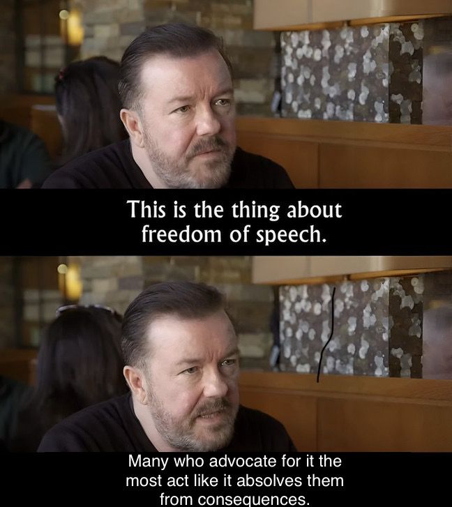 This is the thing about freedom of speech.
Many who advocate for it the most act like it absolves them from consequences.