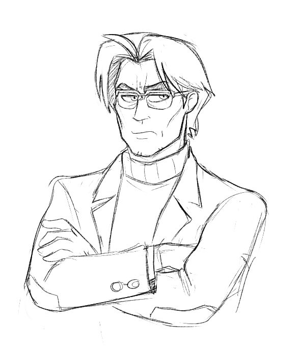 Digital sketch of Dr Drayne from the online visual novel game Vampire Therapist: A bookish looking englishman with gaunt face and a sour expression, wearing reading glasses, a turtleneck and a tweed blazer
